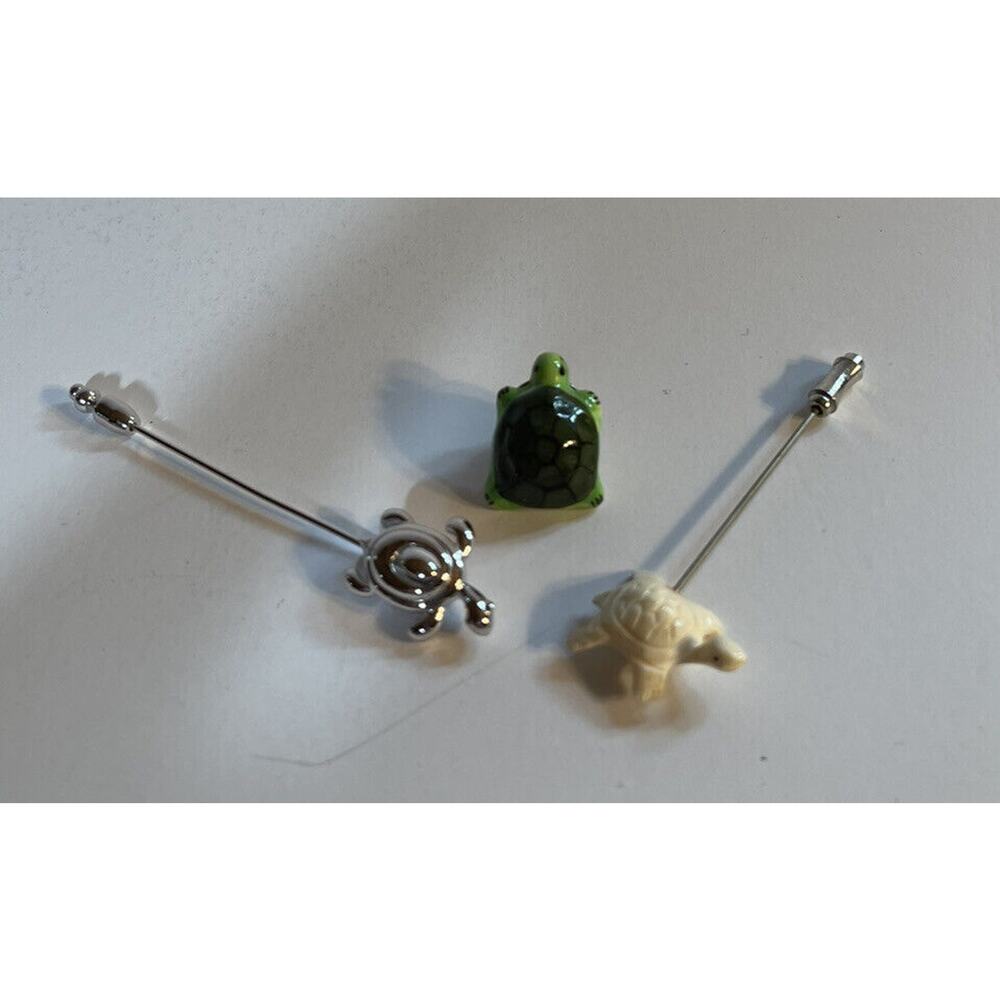 Pins Set of 3 Lapel or tie pins Turtles Ivory Type silver, and ceramic Vintage